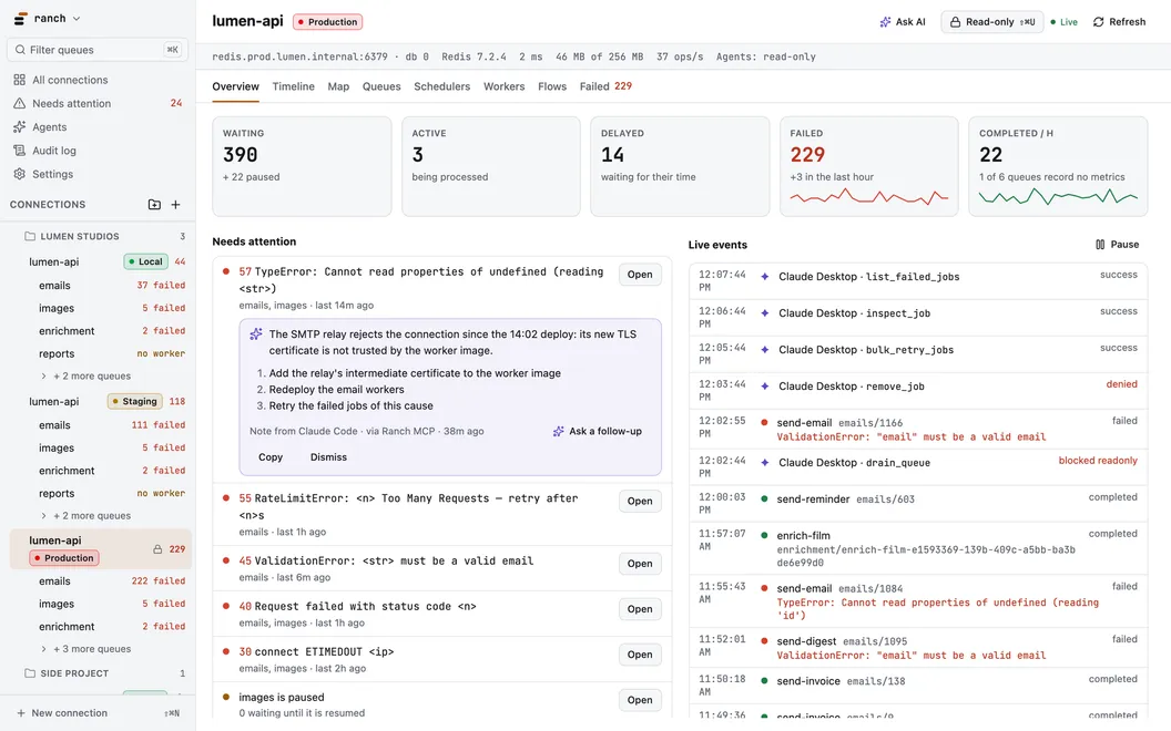 Ranch on a production connection: live counters, failures grouped by cause with an agent's diagnosis, and the live events of every agent call